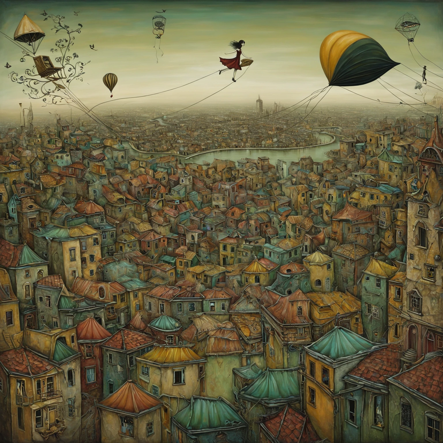 Aesthetic Surrealism painting, fusion of techniques, palette, styles by Esao Andrews, Aubrey Beardsley, Leonora Carrington, Surreal landscape, foreground of a girl floating on a kite over a dream-like city. Aesthetic surrealism, oil painting, golden sepia, green outline of canvas details, detailed facial features, whimsical contrast, highly detailed, cinematic lighting, vivid colors, dramatic composition, intricate details, digital art, surreal, mysterious, imaginative, ethereal, magical realism, light shading creates volume and depth, emotional expression, elements of symbolism and decoration to create a mystical atmosphere, unexpected details to create a mysterious and intriguing setting, Color Palette: Warm and rich colors - deep reds, golds and greens
