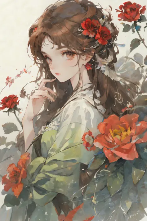 (aquarelle:1.2),1girll, Solo, flower, rosette， sportrait, Foliage, By bangs, signatures, Red flower, A brown-haired, long whitr hair, with brown eye, Flower earrings