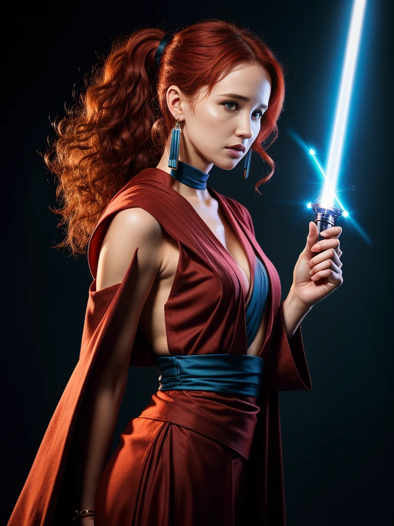 (((female jedi holds a glowing blue laser sword in her hand, ready for battle))), (((very futuristisches science fiction ambiente))) professional photography, Canon EOS 5 , a 1. ex, star wars style, very , (((jedi khight warrior outfit ))), 1 wunderschöne Red-Hairede junge Frau mit Laserschwert in den Händen , full upper body, beautiful detailled face, perfect anatomy, Red-Haired (Christa Theret: 1.3), ( Alexia Fast: 1.3),Highly detailed youthful face, proporções perfeitas, ((red hair)), curly hair, nice ponytail,  very detailiert,  perfect and highly detailed face, immaculate, with whole body and an anatomically correct body, absolutely perfect face,16K, HDR, broad light, high contrast, keen focus, RAW color photo, long simple earrings,  full body portrait masterpiece,Determined look, sharp background, 