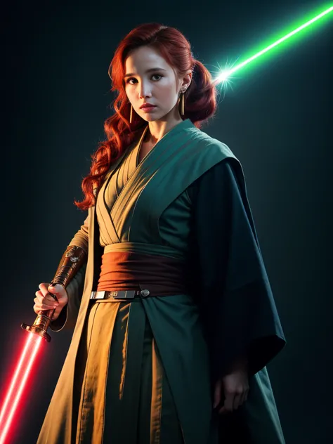 (((female jedi holds a glowing blue laser sword in her hand, ready for battle))), (((very futuristisches science fiction ambient...