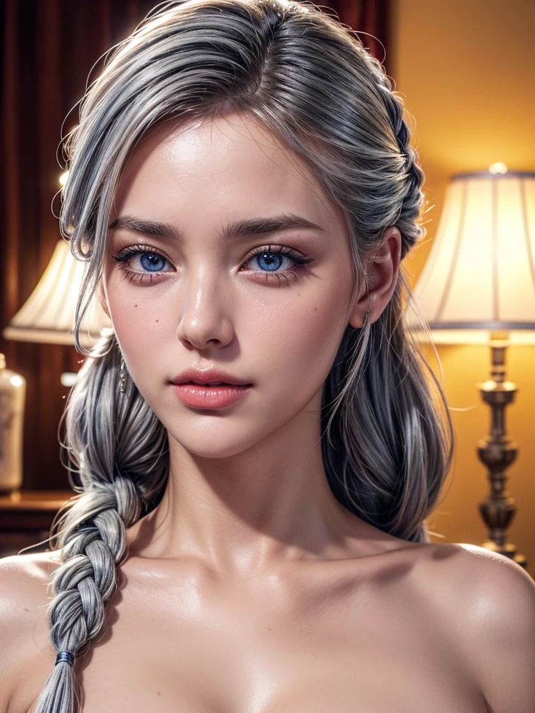 1girl, beautiful detailed eyes, beautiful detailed lips, extremely detailed eyes and face, long eyelashes, white hair, long hair, light blue eyes, black lips, round lips, gigantic breasts, (best quality,4k,8k,highres,masterpiece:1.2),ultra-detailed,(realistic,photorealistic,photo-realistic:1.37),HDR,UHD,studio lighting,ultra-fine painting,sharp focus,physically-based rendering,extreme detail description,professional,vivid colors,porcelain skin,flawless skin,braided hairstyles