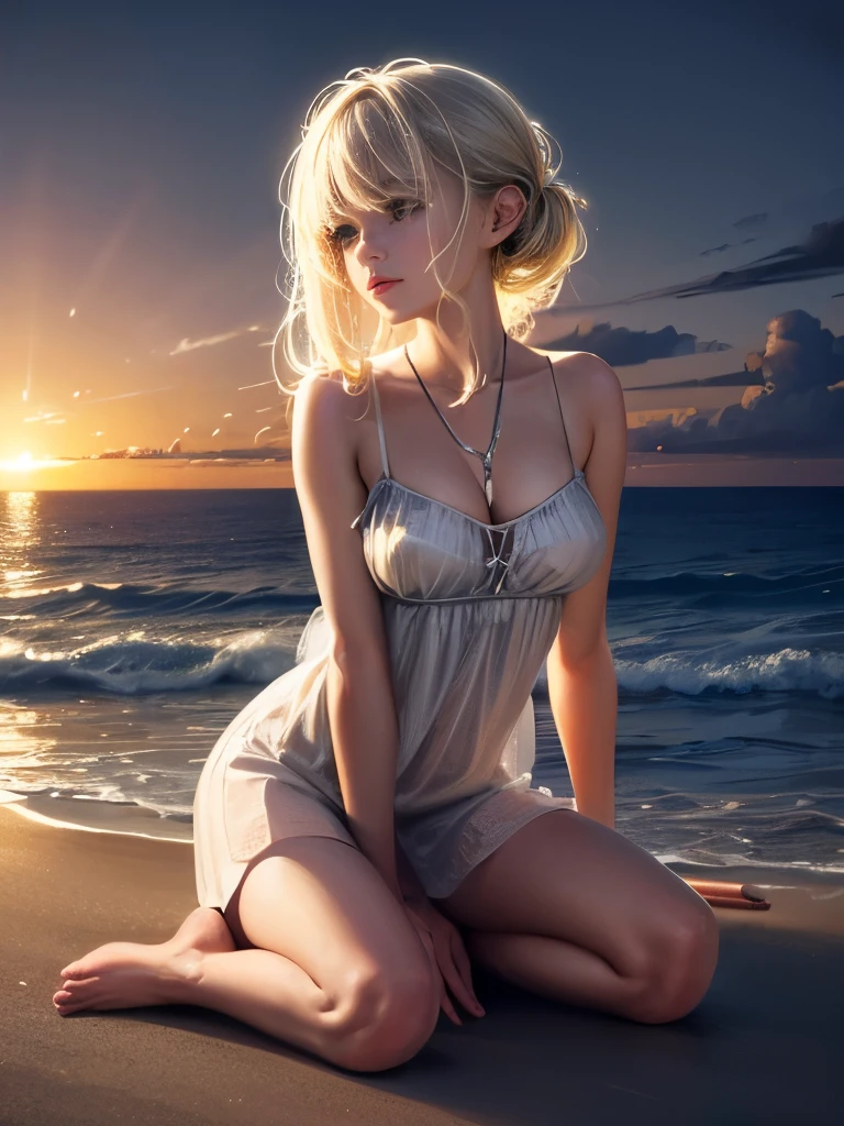 (masterpiece, Highest quality: 1.2), Super detailed, Cinema Lighting, High resolution, figure, landscape, One girl, (Soft colors), Weekend beach, night, Desolate atmosphere, Girl sitting on the sand, Vegetation Covered, (Cloudy), Waves crashing on the shore, (Depressing but hopeful), A moment of quiet rest, (Detailed Texture), Soft skin texture,Soft and attractive lips,Pink lip gloss, Windblown Hair, nightは曇り