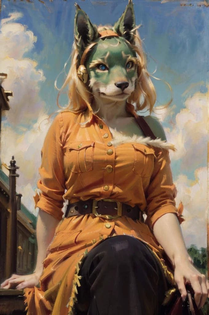 In realistic oil painting portrait of high quality and detail, Ippan Josei (My Hero Academia), Classicism, Waist, 19th century style, full-length, dark and mysterious atmosphere, glow, eye shadow, 1girl, thriller fantasy, Depth & Perspective, smiling face, a very tall, furry girl, fox-like woman with a curved figure. She has shoulder-length blonde hair, with a single strand running down the right side of her face. She has big blue eyes with fluffy eyelashes and pointed ears, as well as green fur and a white fluffy underbelly. She wears an orange button-down shirt with yellow-orange buttons and pockets on both sides of her chest, as well as black trousers with a yellow-orange belt. She wears bracelets of the same color on both hands, as well as an orange headband that seems to resemble headphones. She also wears slip-on shoes in orange and cream colors. Mystical powers, fine face, outdoors, blue sky, white cloud, looking at viewer, (ultra-high detail:1.2), Masterpiece, Best Quality, Ultra-detailed, Cinematic lighting, 8K, delicate features, cinematic, 35 mm lens, f/1.9, highlight lighting, global lighting –uplight –v 4, cinematic, intense gaze, Cinematic lighting, 8K, high quality, Highest Quality, (Solo Focus), (extremly intricate:1.3), (Realistic), dramatic, masterful, Analog style, (Film grain:1.5), (warm hue, cold tone)