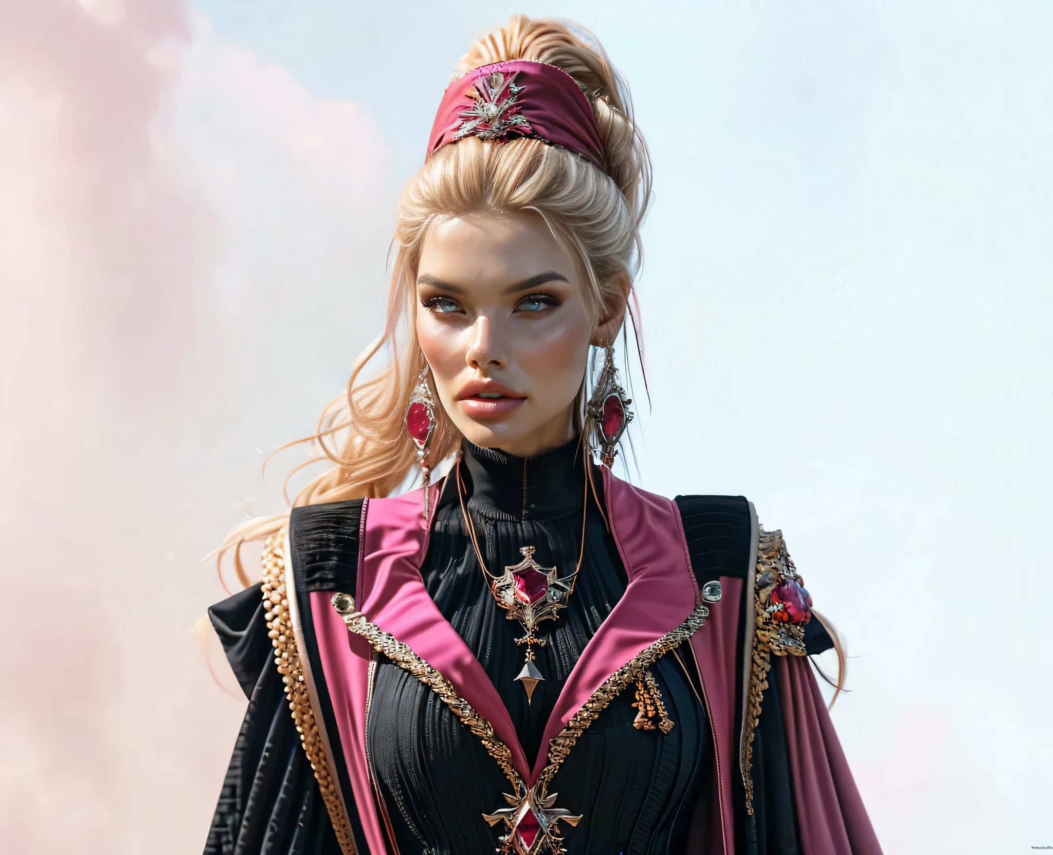 vampire Virginia Hill, (masterpiece, best quality, blonde woman, big hair, huge ponytail, glamour, luxury, oversized breast, pouting,,(pink gryffindor uniform), amazed (bimbolips) in style of ruby and diamond, j_gemstone, fantasy, academy, medium distance, viewer's gaze, full-length photo, (masterpiece, Best quality: 1.3), 1 woman, Virginia Hill hairstyle 40s, jet black long hair, Virginia Hill face, earrings, heavy saggy mature breasts, triangle of blacks pubic hair, beautiful slender legs, Virginia Hill high heels, high heel shoes, high heels, a very cohesive symmetrical piece of art, by range murata, Artgerm, digital illustration, Beautiful, Realism, UHD, retina, masterpiece, accurate, anatomically correct, textured skin, super detail, high details, high quality, award winning, best quality, highres, 1080P