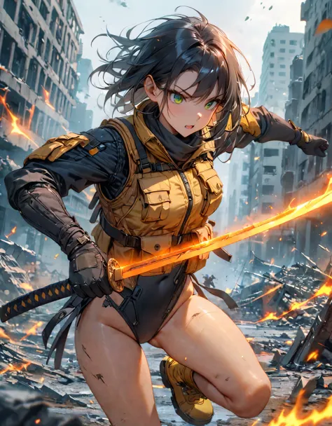 masterpiece, best quality, hires, 1 girl, solo, solo focus, close up shot, (black hair, medium hair, medium breasts, green eyes), ninja, perfect anatomy, city, cyberpunk style, ((load-bearing vest, belt, black gloves, black leotard, bare legs, yellow combat boots, matching boots)), ((dynamic action pose)), war, ruined city, battlefield, rubble, building, (holding weapon, katana), cowboy shot, body induced with black aura