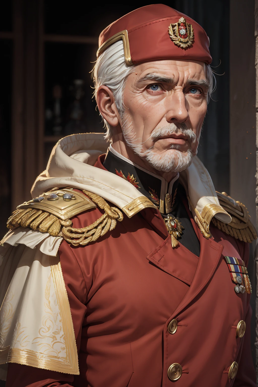 grey bearded old actor Christopher Lee, bald, textured short caesar hair cut, perfect eyes, wearing black European hussar outfit, (hussar, pelisse), warhammer_40k_commissar, warhammer 40k commissar, #commissar, frontal image, plain white background, standing, (upper body portrait)