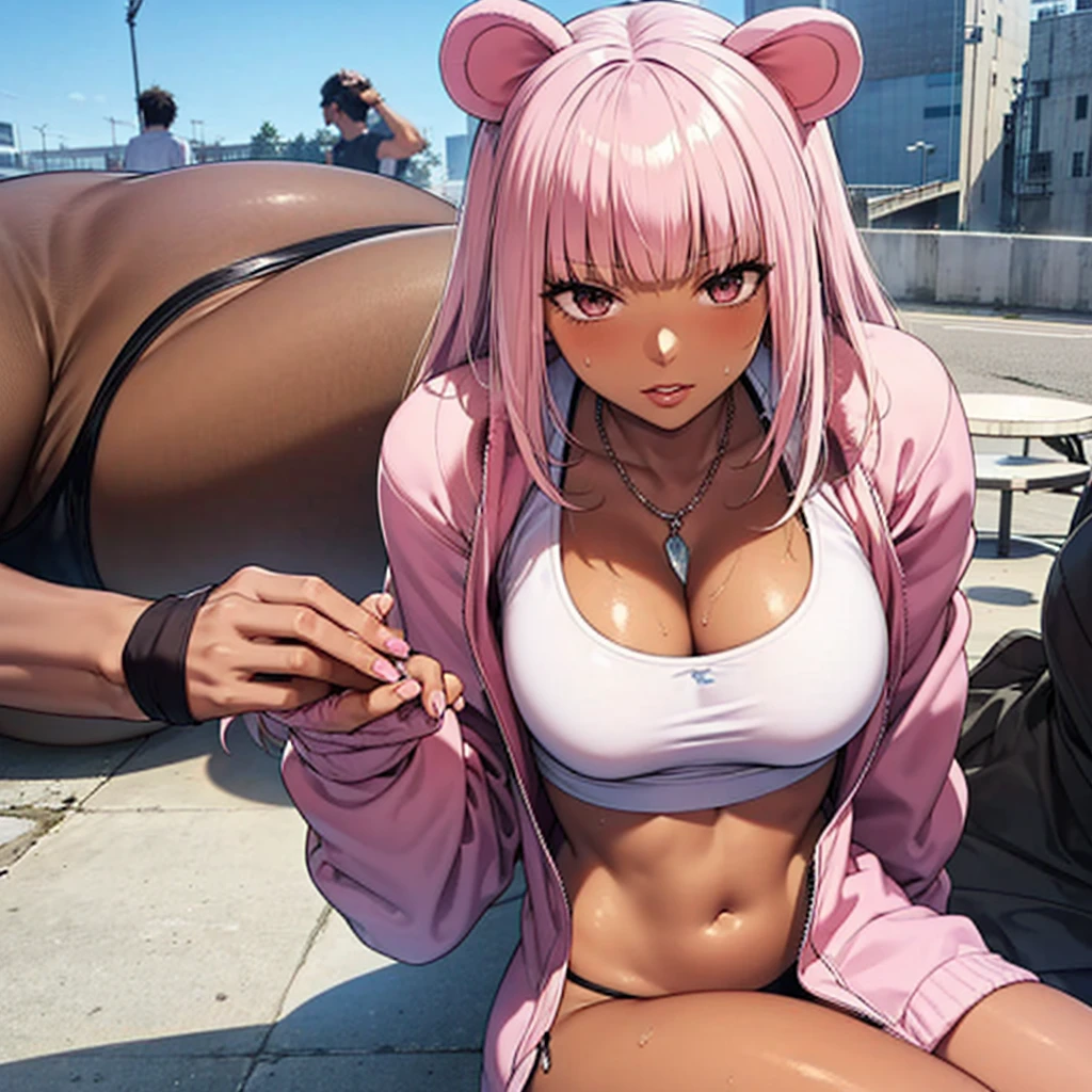 The sky is low, mix_Artwork Style, Hanging , big , Cleavage, Sweaty, sexy, thick, 1 girl, Brown eyes, Pink Hair, Long Hair, Dark Skin, Pink bear ears, Long sleeve, Sleeves are longer than the wrist, Crop top, Improve, lips, White nails, Long nails