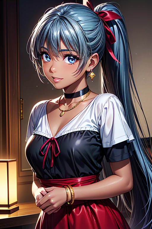 Girl posing for photo, animeのcute少女, ((One Girl)), ((Baby Face:1.3)) + ((cute:1.3)), 
BREAK 

((White sash blouse:1.2)) + ((Gypsy Skirt)) + (Black high heels),  
((Red earrings)), ((Black choker)), ((A gorgeous gold bracelet)), ((Silver Necklace)), 
BREAK 

(Light blue hair:1.2), (Very long side banks:1.4), ((ponytail) : Straight hair + Hair blowing in the wind + Tied with a red ribbon), 
(Eyes with drooping corners of the eyes:1.4), (Big eyes:1.4), (blue eyes), 
((Small breasts:1.0)), 
(Tanned dark skin), (boyish), 
BREAK 

((noon, Reception room)), 
((Wicked Smile)), 
((Stand with your feet together、A pose that exudes grace and poise)), 
((Angle from the front)), ((Character Focus)), ((Close-up on upper body)), 
BREAK 

(Slim figure), (Symmetrical facial features), 
(Detailed Hair), (Beautiful Hair), (Shiny Hair), 
(double eyelid), (Long eyelashes), (Thin eyebrows:0.5), 
(Shiny eyes), (Detailed eyes), (Beautiful Eyes), (Delicate eyes), (Perfect Eyes), (Sparkling eyes), (Eye Reflexes), (Glitter Eyeliner), 
(Human Ear), 
(Beautiful Nose), (Thin Nose), 
(Glossy Lips), (Beautiful Lips), (Thick lips), 
(Shiny skin), (Detailed skin), (Fine skin), (Beautiful Skin), (Oily skin), 
BREAK 

((Highest quality)), ((masterpiece:1.3)), ((Very detailed)), ((Ultra-high resolution)), ((16K)), ((1080P)), ((Full HD)), 
((Anatomically correct)), ((Realistic)), (3DCG), ((Oil painting)), 
((comics)), ((anime)), (CG illustration), (RAW Photos), 
