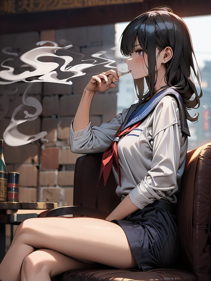 masterpiece, Highest quality, High resolution,alone, Accurate human body、Knowledgeable person、Correct five-finger,Anime Girl、Sitting cross-leggedをかいている,Smoking a cigarette,Sitting cross-legged,Cross-legged,  1 girl,Japanese girls uniform, Japanese School Uniform, high school girl, seifuku, Anime Girl Cosplay, Sailor suit, beautiful anime high high school girl, JK Uniform, Girl in uniform, wearing Japanese School Uniform, Simple light background, Uniform soft illumination, Shadows are minimal, Quiet and tranquil atmosphere, Front view, Shallow depth of field, Well-balanced exposure