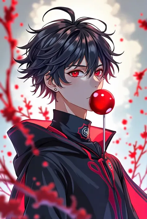 anime boy with red nose and black hair holding a lolipop,handsome japanese demon boy, handsome guy in demon slayer art, anime bo...