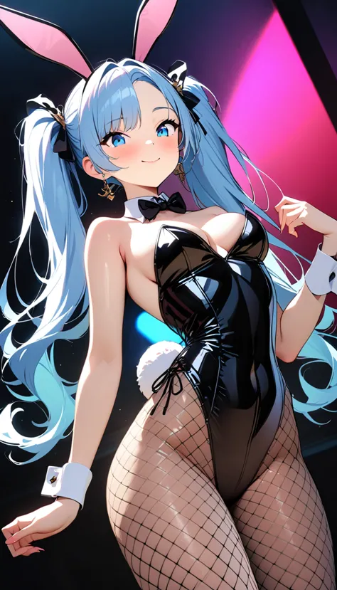 (Highest quality:1.2, Attention to detail, masterpiece:1.2, Best aesthetics), (1 girl), Cowboy Shot, ((Playboy Bunny, Fishnet tights:1.2, Bunny ears, ハイレグ leotard, 白leotard:1.1, leotard)), (Light blue hair, Twin tails, Asymmetrical bangs, Bright Blue Eyes), 美しいAttention to detail目, Beautiful lip detail, Highly detailed face, Detailed Fashion, elegant, luxury, High quality fabric, Shine, Shine, smile, Random Pause, Dutch Angle, bar, Nightclub, night, Dramatic lighting, Cinematic, Bright colors, Intricate details, Chiaroscuro lighting.