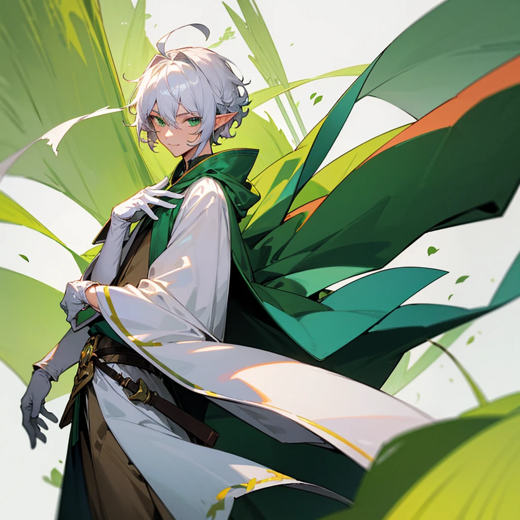 elf, male, silver hair,short hair, medium cut, ahoge, curly hair, green eyes,slender, fair skin, green robe, cloak, White gloves, cool mild Smile, windmill