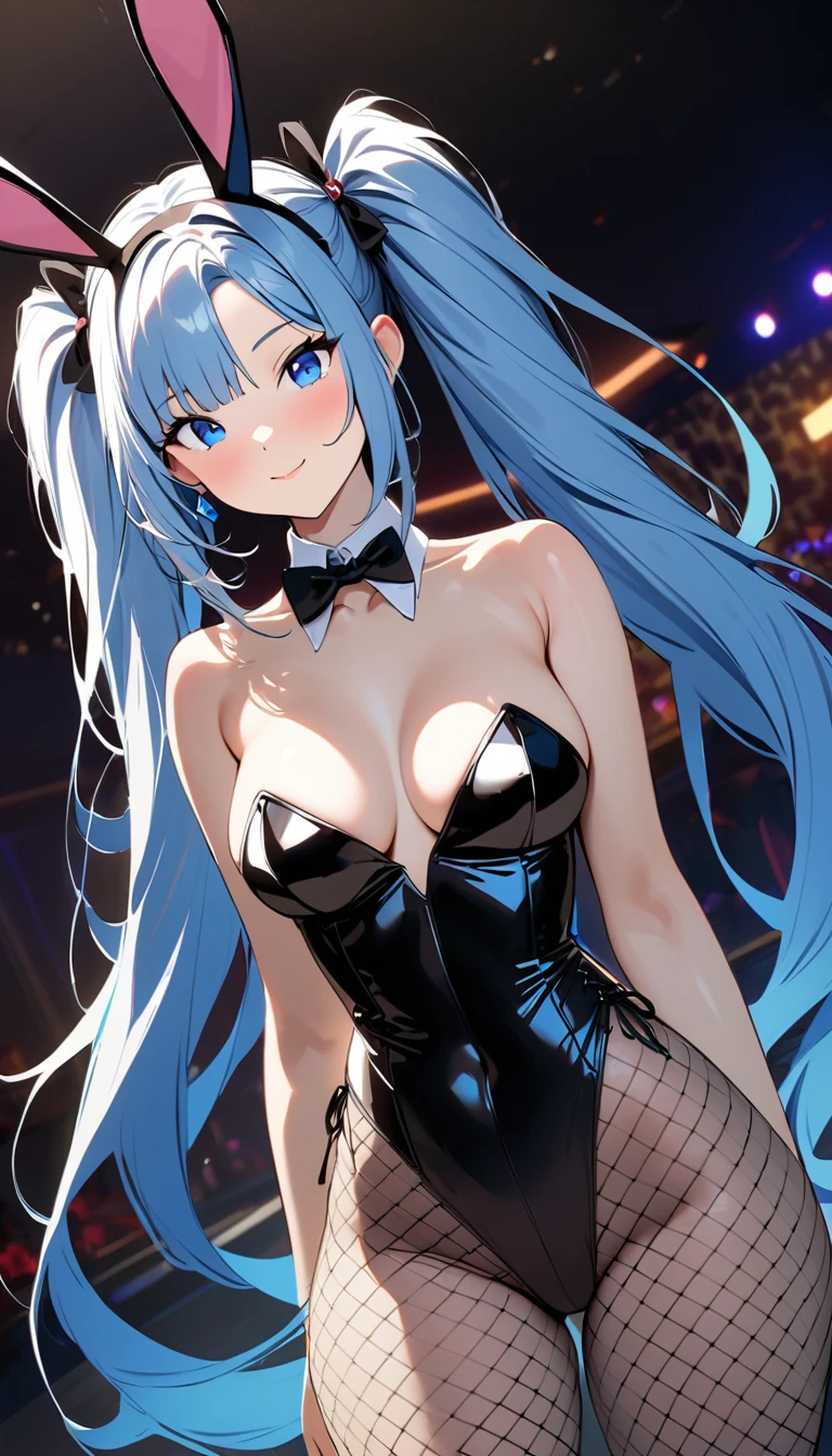 (Highest quality:1.2, Attention to detail, masterpiece:1.2, Best aesthetics), (1 girl), Cowboy Shot, ((Playboy Bunny, Fishnet tights:1.2, Bunny ears, ハイレグ leotard, 白leotard:1.1, leotard)), (Light blue hair, Twin tails, Asymmetrical bangs, Bright Blue Eyes), 美しいAttention to detail目, Beautiful lip detail, Highly detailed face, Detailed Fashion, elegant, luxury, High quality fabric, Shine, Shine, smile, Random Pause, Dutch Angle, bar, Nightclub, night, Dramatic lighting, Cinematic, Bright colors, Intricate details, Chiaroscuro lighting.