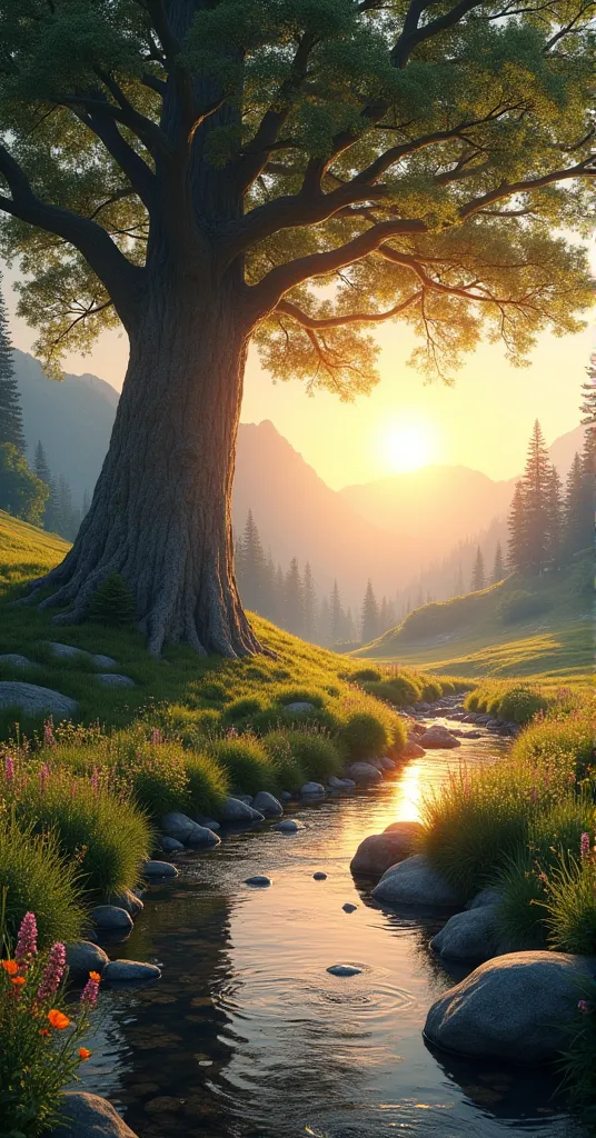 a beautiful majestic tree, on the edge of a small stream, with rocks, on the sides, beautiful wild flowers, pastureland, en el fondo a beautiful sunset tardío, mountains with pines, a beautiful sunset, Rays of sunshine bathing the entire landscape, magical, masterpiece movie lighting, hyper sharp highly detailed, very detailed high image quality, the best photography, HD, 32K, the highest image quality