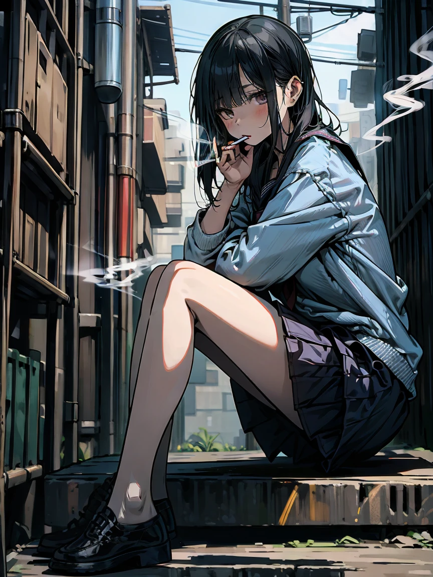 masterpiece, Highest quality, High resolution,alone, Accurate human body、Both arms are down,I can see your bare feet,Knowledgeable person、Correct five-finger,Sailor suitを着たアニメの女の子が座っている,Holding a cigarette,  1 girl, Take a smoking break,Japanese girls uniform, Japanese School Uniform, high school girl, seifuku, Anime Girl Cosplay, Sailor suit, beautiful anime high high school girl, JK Uniform, Girl in uniform, wearing Japanese School Uniform, Simple light background, Uniform soft illumination, Shadows are minimal, Quiet and tranquil atmosphere, Front view, Shallow depth of field, Well-balanced exposure