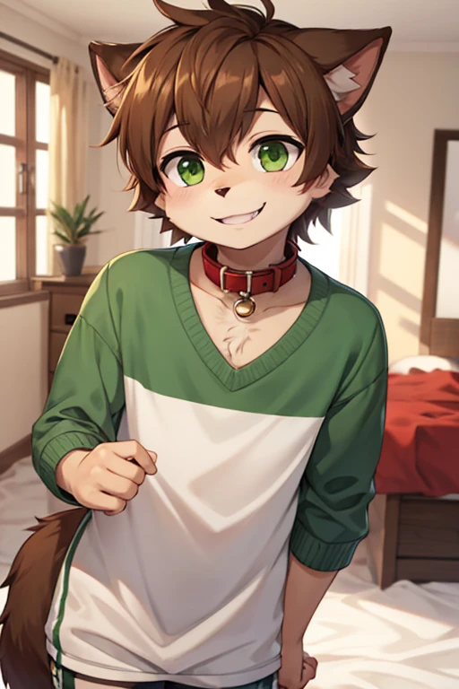 1boy, soft brown fur, red collar, green eyes, tail wagging, smiling,  