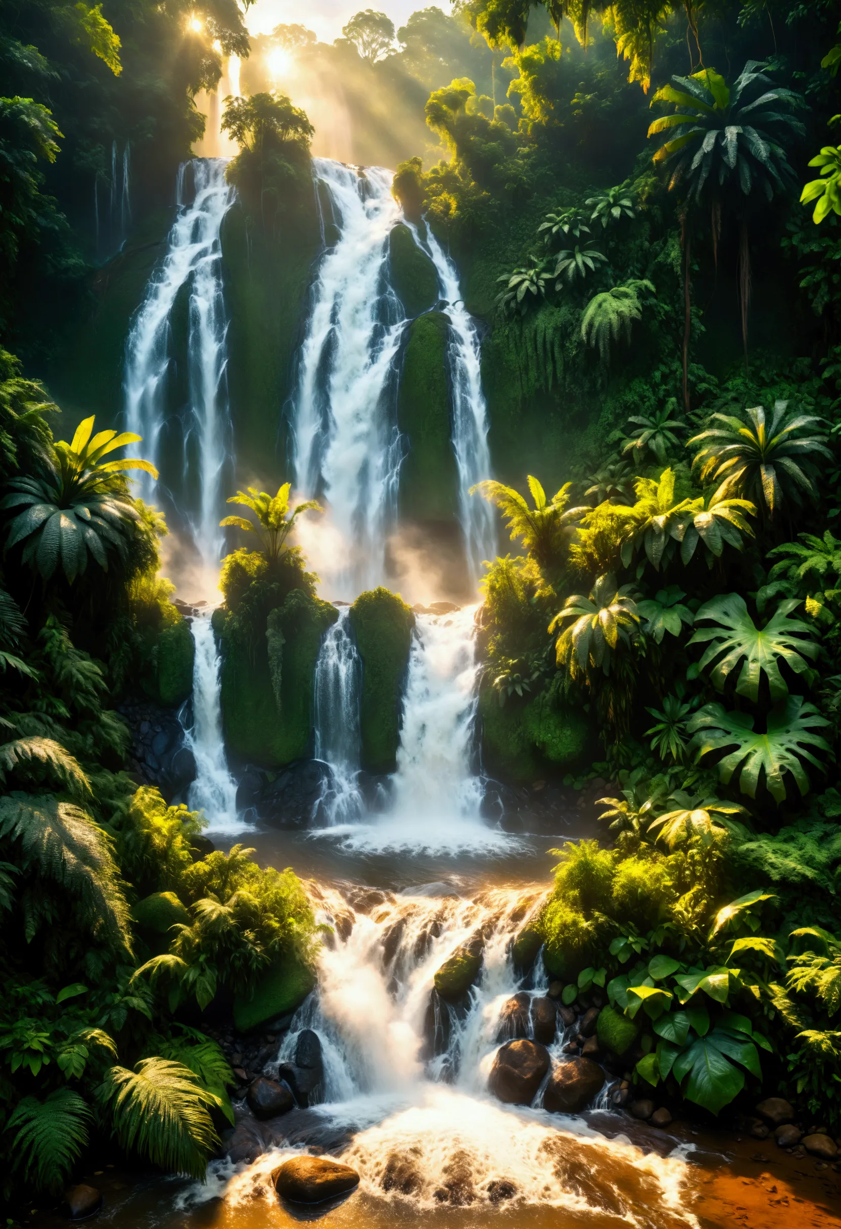 a beautiful waterfall in the jungle, lush green foliage, mist, flowing water, long exposure, golden hour lighting, dramatic sky,...