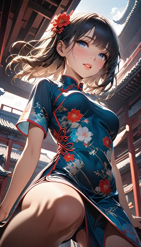 wearing a chinese dress, sfw sex appeal, shot from below, generated in sfw