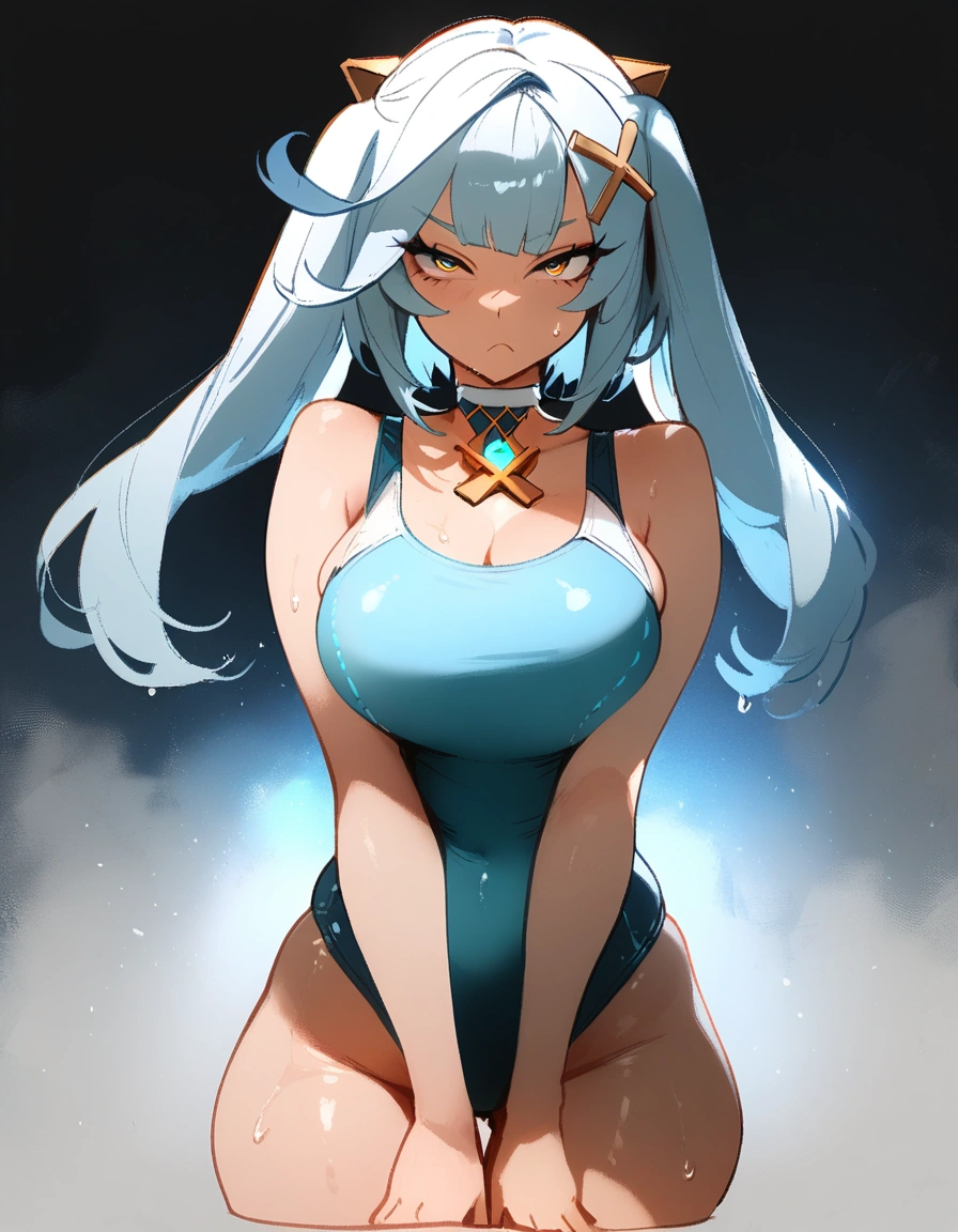 1girl, faruzan \(genshin impact\), genshin impact
\\\\\ masterpiece, best quality, newest, ///// nyantcha, khyle, cutesexyrobutts \\\\\ highres, absurdes. , solo, wet, sweat, shiny skin, straight-on, big breasts,black background, simple background, cropped legs, v arms, one-piece swimsuit, cow print, disgust, 
