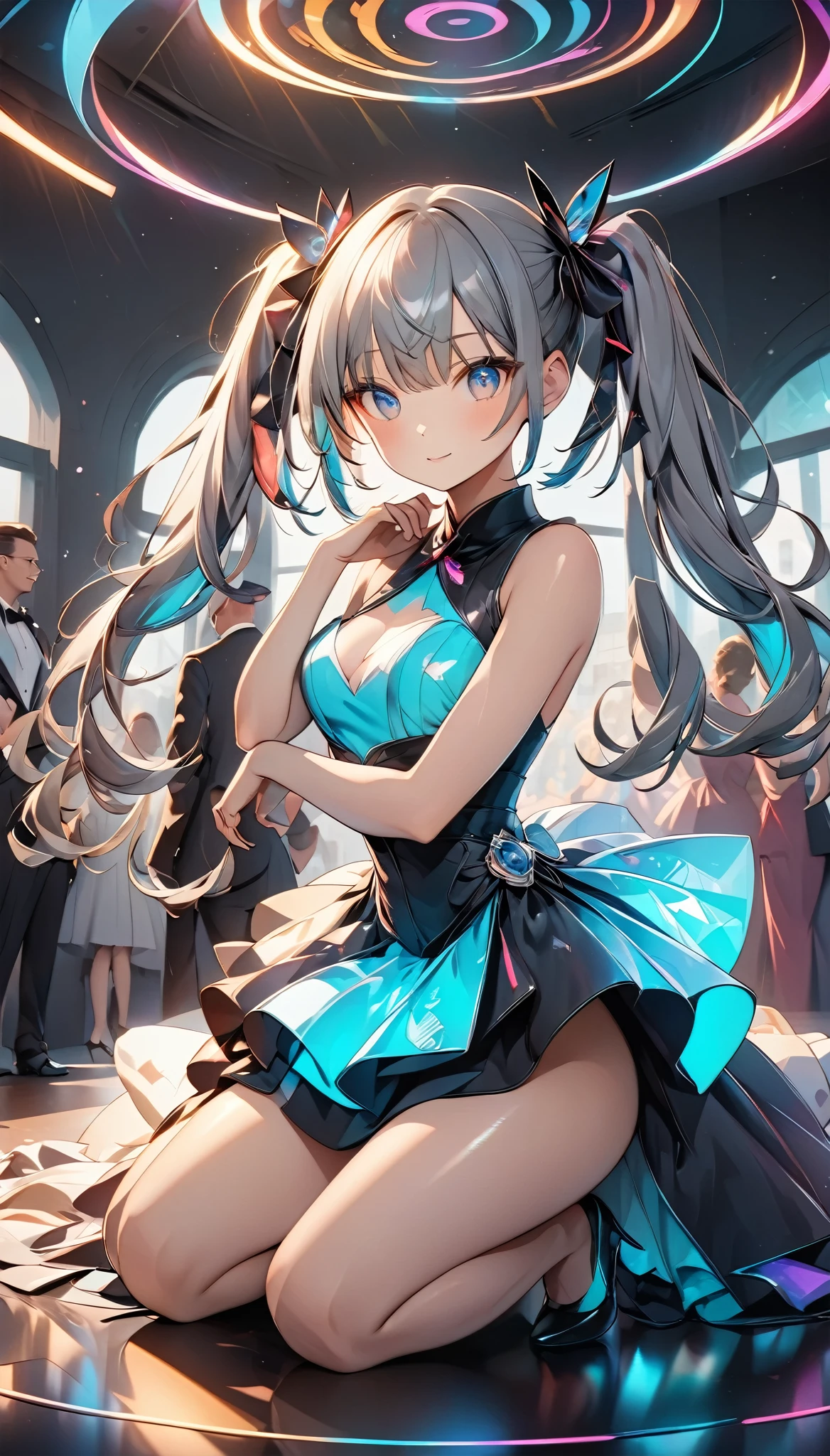 Detailed and smooth, top quality, Very fine hair, cute, Ash gray twin tails, Holographic glowing hair, slender, Classy sex appeal, A thrilling sight, glamorous, Captivating the audience, love at first sight, Balance your body type and composition, ARW, there is, Vibrant colors