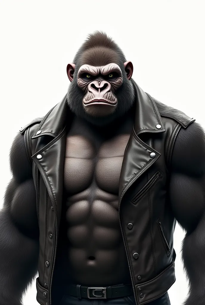 Humanized Gorilla Animal, with leather jacket, very serious, almost angry. half smile. White background 