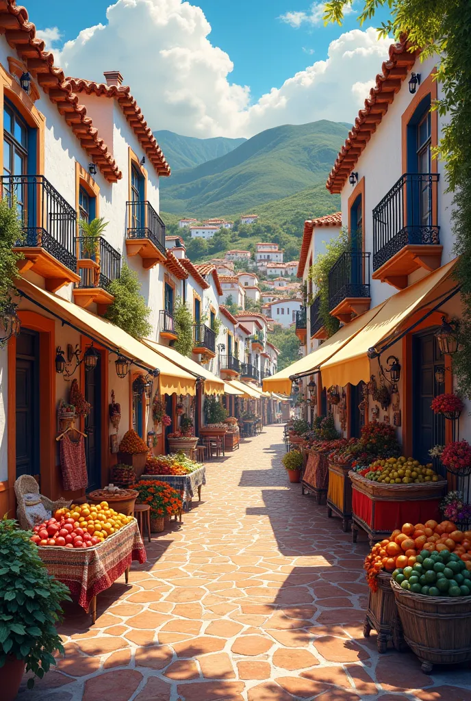 A colorful Spanish village landscape, vibrant colors, rolling hills, winding streets, quaint buildings, lively market stalls, warm Mediterranean light, (best quality,4k,8k,highres,masterpiece:1.2),ultra-detailed,(realistic,photorealistic,photo-realistic:1.37),HDR,vivid colors,dramatic lighting,cinematic,oil painting