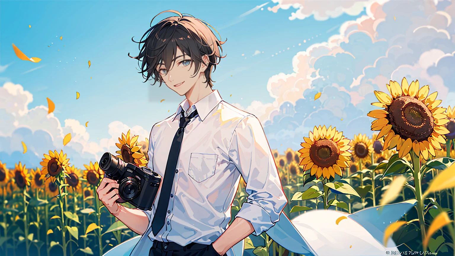 Highest quality,Pixiv,A man with short black hair standing in a field of sunflowers, Warm lighting, Blurred foreground, Happy,Handsome,Have a camera,noon,smile,Summer clothes,White shirt