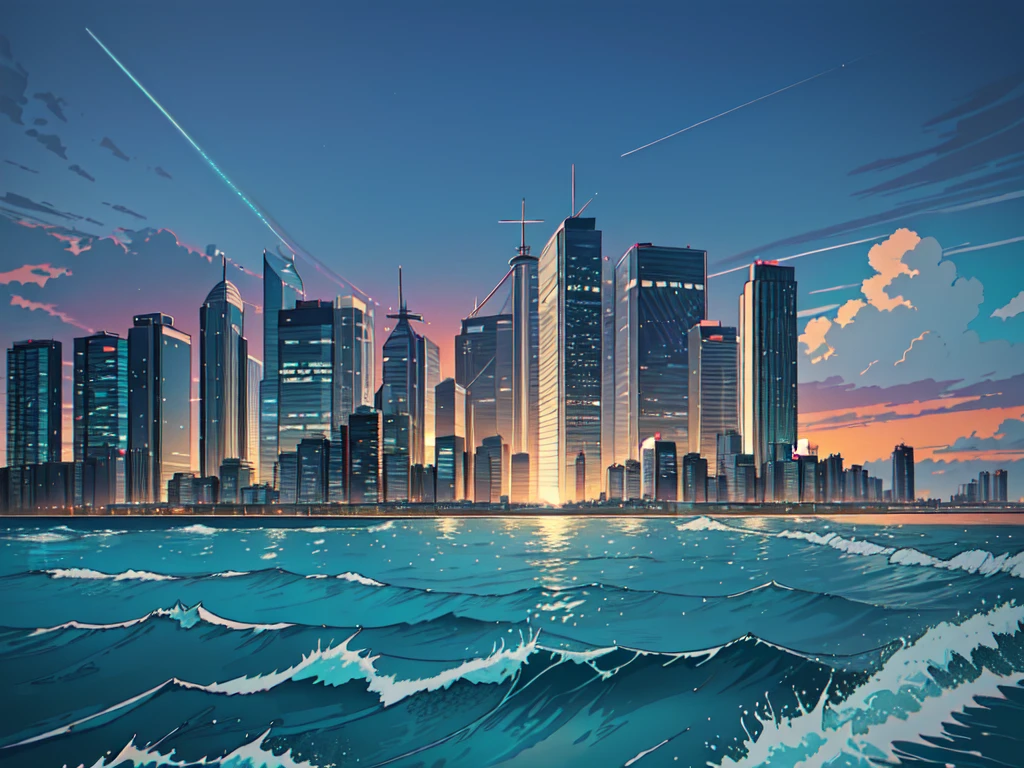 detailed sea beach, serene ocean waves, cityscape in the distance, coastal city skyline, 1990 dramatic sky with clouds, sun glare on water, on the shore, long exposure photography, cinematic lighting, vibrant colors, hyper-realistic, award winning photograph, masterpiece 