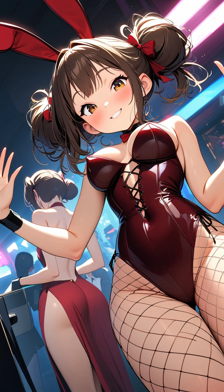 (Highest quality:1.2, Attention to detail, masterpiece:1.2, Best aesthetics), (1 petite girl), Cowboy Shot, ((Playboy Bunny, Fishnet tights:1.2, Bunny ears, ハイレグ leotard, 白leotard:1.1, leotard)), (Big eyes, Cute expression, Two hair buns), 美しいAttention to detail目, Beautiful lip detail, Highly detailed face, Detailed Fashion, elegant, luxury, High quality fabric, Shine, Shine, smile, Random Pause, Dutch Angle, bar, Nightclub, night, Dramatic lighting, Cinematic, Bright colors, Intricate details, Chiaroscuro lighting