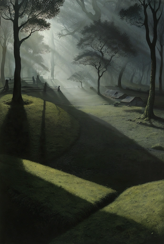 realistic dark oil painting of a medieval village at sunrise, mossy, mist, foggy, shadows, misterious, mithical, dark, rays of light shines trough the woods, ambient, depth of field, volumetric lighting, cinematic lighting, moody, heavy darkness, black sky, low angle perspective, by Eyvind Earle