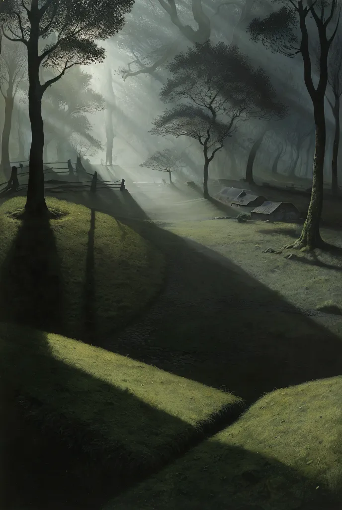 realistic dark oil painting of a medieval village at sunrise, mossy, mist, foggy, shadows, misterious, mithical, dark, rays of l...