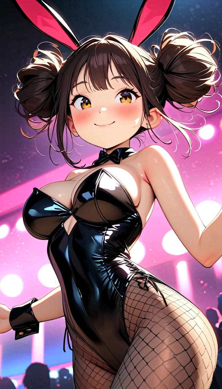 (Highest quality:1.2, Attention to detail, masterpiece:1.2, Best aesthetics), (1 petite girl), Cowboy Shot, ((Playboy Bunny, Fishnet tights:1.2, Bunny ears, ハイレグ leotard, 白leotard:1.1, leotard)), (Big eyes, Cute expression, Two hair buns), 美しいAttention to detail目, Big Breasts, Beautiful lip detail, Highly detailed face, Detailed Fashion, elegant, luxury, High quality fabric, Shine, Shine, smile, Random Pause, Dutch Angle, bar, Nightclub, night, Dramatic lighting, Cinematic, Bright colors, Intricate details, Chiaroscuro lighting