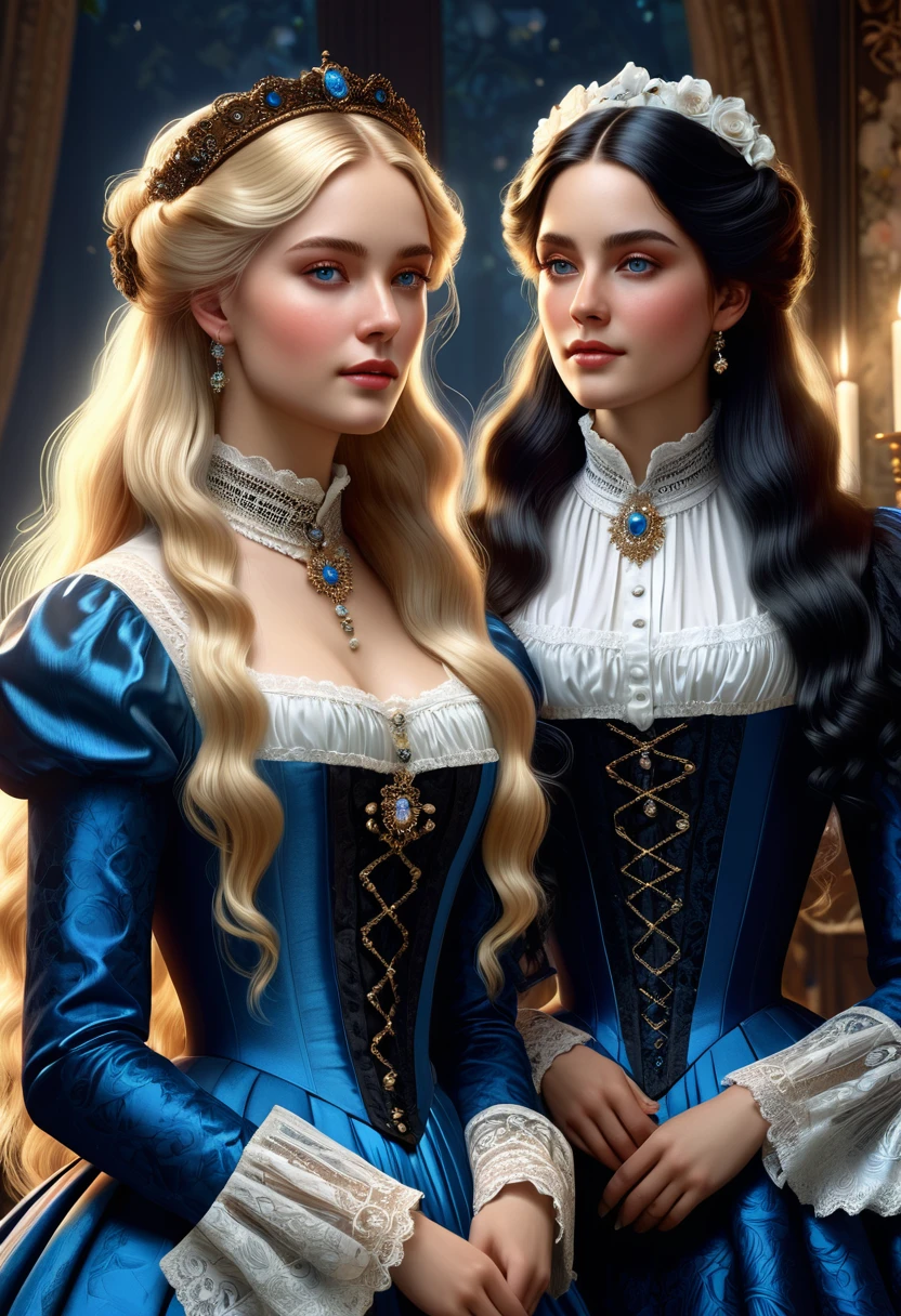 Best Quality, masterpiece, A stunning illustration of two Victorian women with long blonde hair and brown eyes., rosa, dreamer, and with long black hair, blue eyes, negro, dreamer (Beautifully detailed faces:1.2), luz outfit, ray tracing, Very detailed, 8k
