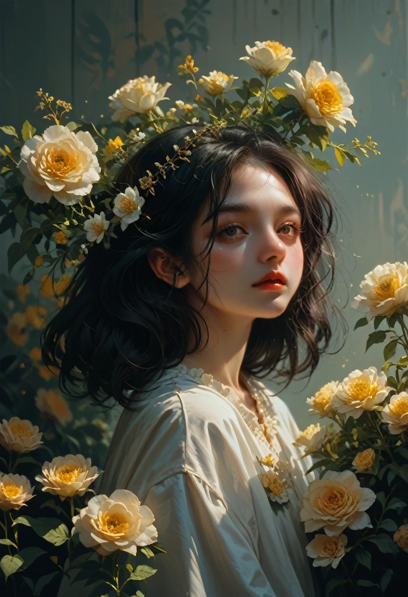 Moi, yellow_students, +_+, noir_hairs, high_queue de cheval, rot_flowers_hairs_ornament, head of&#39;artwork, best quality, ultra-detailed, illustration, bare, 1fille