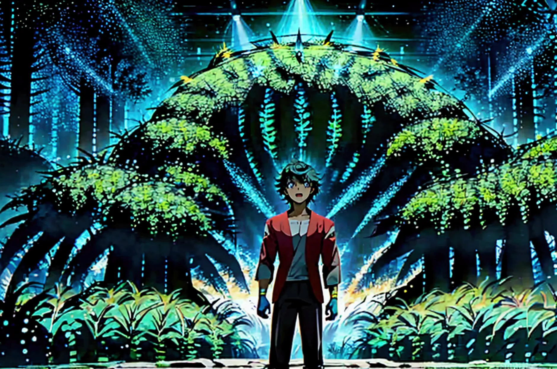 a surprised young man, surrounded by bright lights, being teleported to a primitive world full of lush nature and fantastic crea...