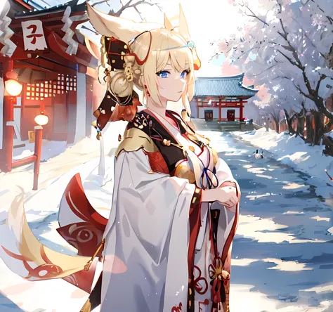 blonde anime girl dressed in traditional japanese dress standing in front of a shrine, blue eyes, have a cute brown dog ears, in...