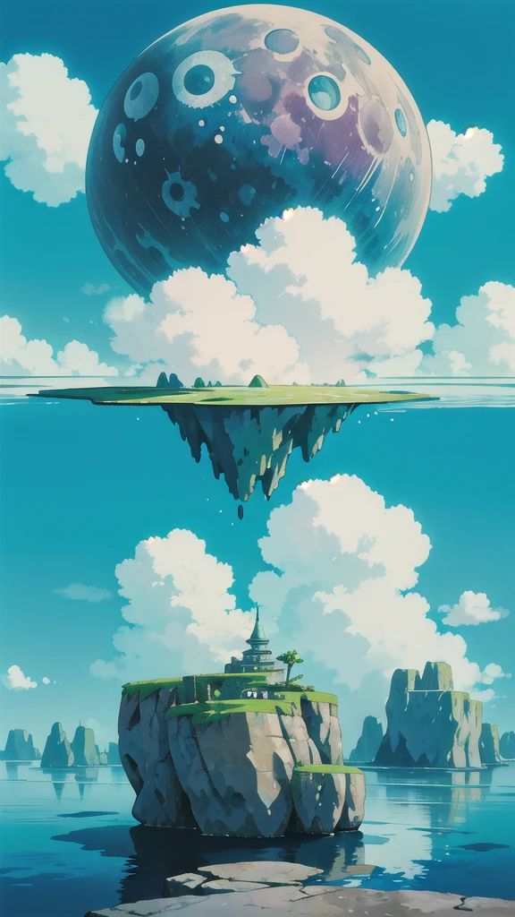 Create a detailed anime-style image. The scene should feature a whimsical landscape with floating islands, oversized plants, and unusual rock formations. The sky should be bright and colorful with unique clouds and a glowing moon. Add playful elements like floating objects, and use bold yet slightly muted colors to capture the magical and otherworldly feel of the world.