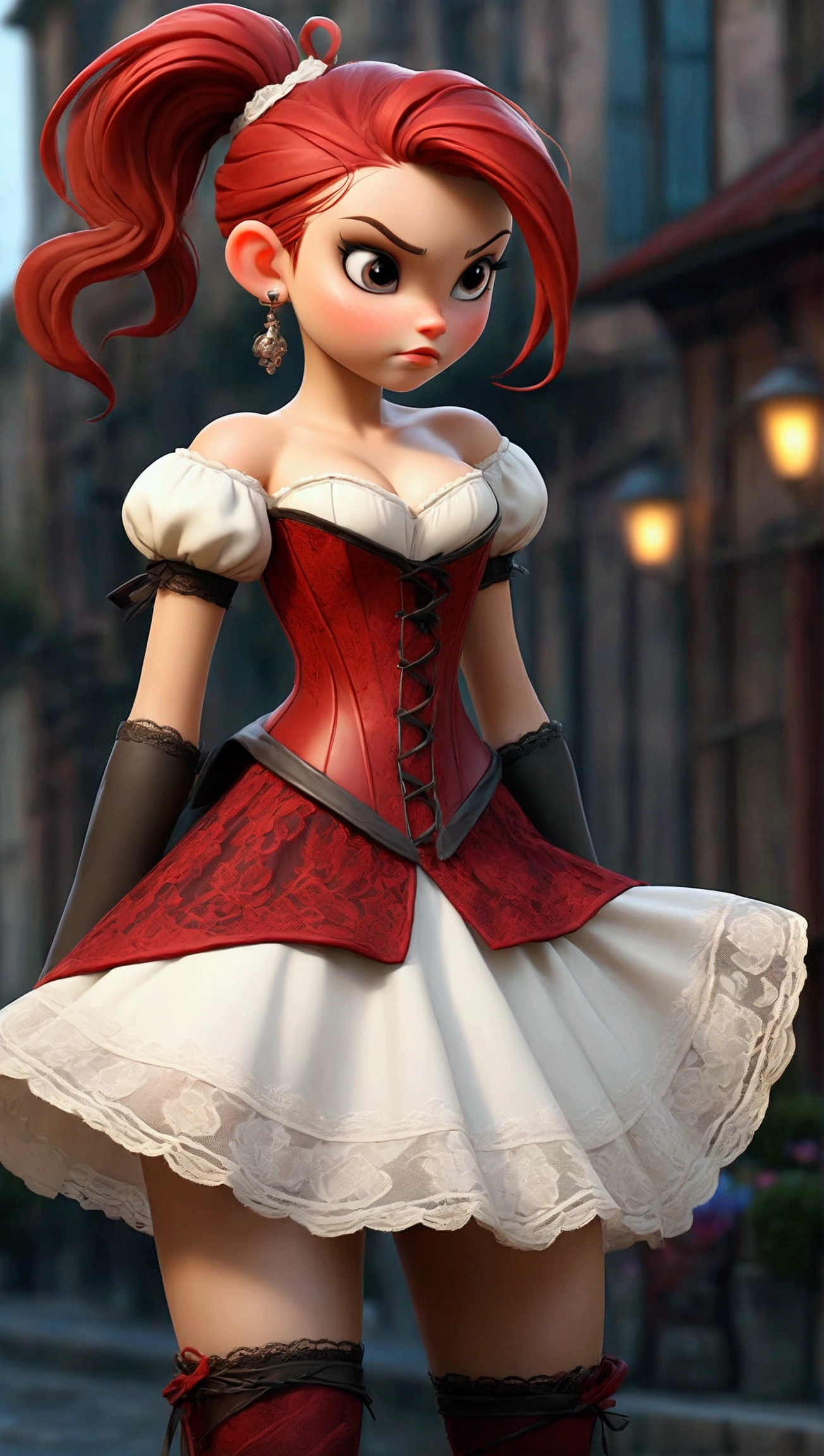 child girl, full body view, pony tail, cute, petite, lace transparentdark red corset, lace transparent sexy stockung with pattern, sexy pose, masterpiece, best quality, 8k, detailed skin texture, detailed cloth texture, beautiful detailed face, intricate details, ultra detailed, on the gity streets 