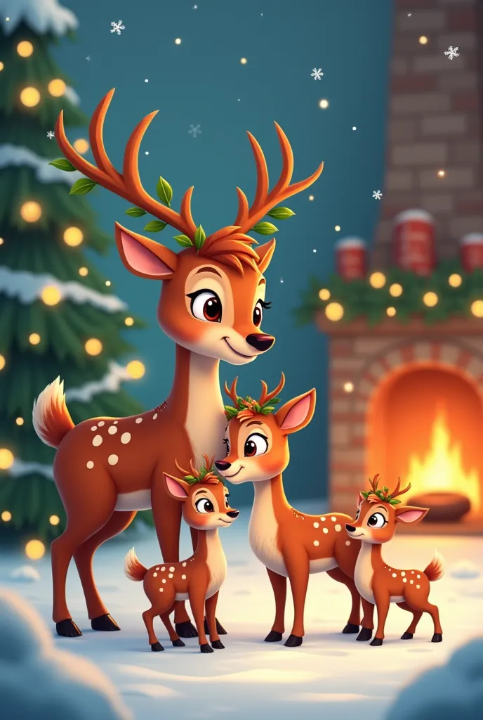 Create a family of Six reindeer  with a grandmother reindeer, a father reindeer, a mother reindeer and three baby reindeer With an Christmas background, animated