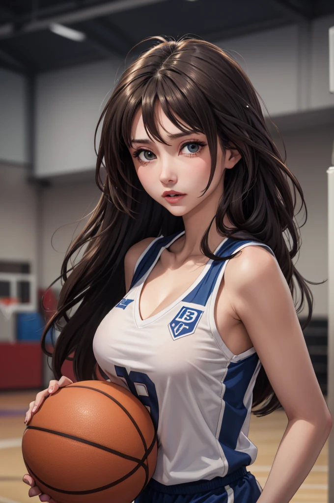 masterpiece, best quality, 1girl, solo, looking at viewer, large breasts, mature female, collarbone, janeporter, long hair, basketball uniform, dribbling \(basketball\), running,