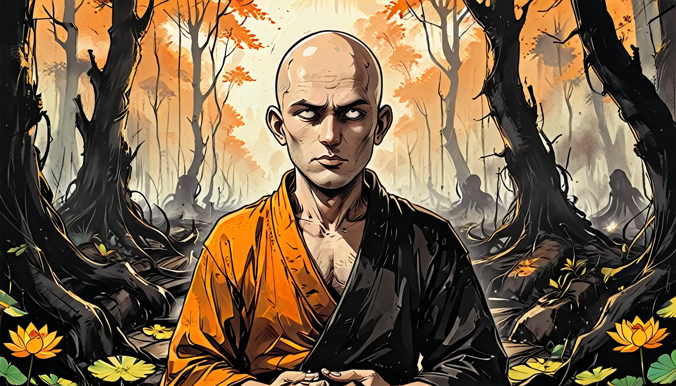 ((((close-up profile angele portrait man)))),(((open mouth))), lotus pose, ((profile close up portrait man)) blind Buddhist monk sitting  in a lotus pose in dead forest, forest after a fire, black dead trees, no leaves, round face, white eyes, no eyebrows, no hair, bald, paw-eared, round cheeks, narrow lips, man, white sclera eyes, Whitewash Eyes, ((orange Kashaya)), graphic style of novel comics, perfect hands, 2d, 8k, hyperrealism, masterpiece, high resolution, best quality, ultra-detailed, super realistic, Hyperrealistic art, high-quality, ultra high res, highest detailed, lot of details, Extremely high-resolution details, incredibly lifelike, colourful, soft cinematic light,