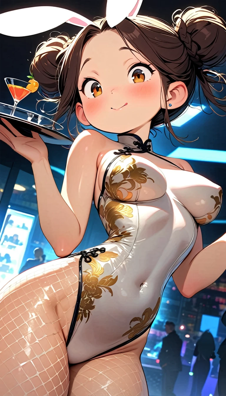 (Highest quality:1.2, Attention to detail, masterpiece:1.2, Best aesthetics), (1 petite girl), Cowboy Shot, ((Playboy Bunny, Fishnet tights:1.2, Bunny ears, ハイレグ leotard, 白leotard:1.1, leotard, China dress:0.8)), (Big eyes, Cute expression, Two hair buns), 美しいAttention to detail目, Big Breasts, Beautiful lip detail, Highly detailed face, Detailed Fashion, elegant, luxury, High quality fabric, Shine, Shine, smile, Holding a tray in his hands, Carrying a cocktail, Dutch Angle, bar, Nightclub, night, Dramatic lighting, Cinematic, Bright colors, Intricate details, Chiaroscuro lighting, NSFW:1.3