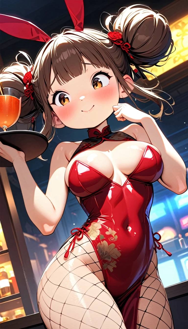 (Highest quality:1.2, Attention to detail, masterpiece:1.2, Best aesthetics), (1 petite girl), Cowboy Shot, ((Playboy Bunny, Fishnet tights:1.2, Bunny ears, ハイレグ leotard, 白leotard:1.1, leotard, China dress:0.8)), (Big eyes, Cute expression, Two hair buns), 美しいAttention to detail目, Big Breasts, Beautiful lip detail, Highly detailed face, Detailed Fashion, elegant, luxury, High quality fabric, Shine, Shine, smile, Holding a tray in his hands, Carrying a cocktail, Dutch Angle, bar, Nightclub, night, Dramatic lighting, Cinematic, Bright colors, Intricate details, Chiaroscuro lighting, NSFW:1.3