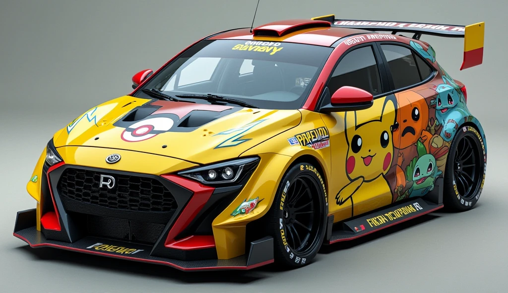 Create a modern, sporty car inspired by the world of Pokémon. The body features a striking design, with Pikachu motifs on the front doors, yellow lightning bolts and blue details reminiscent of its electric attacks. The hood features a large, stylized Pokéball logo, with red and white accents. On the sides, realistic stickers of various Pokémon such as Salamèche, Bulbizarre, and Carapuce, give the impression that the car is ready to take on a Pokémon training race. The headlights are modified to resemble Pokémon eyes, adding a playful, dynamic touch.