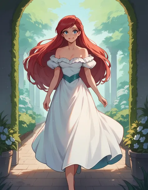 score_9_presence, score_8_up, ariel, long red hair, blue eyes, smile, looking at viewers, walking in the garden, a white ruffle ...