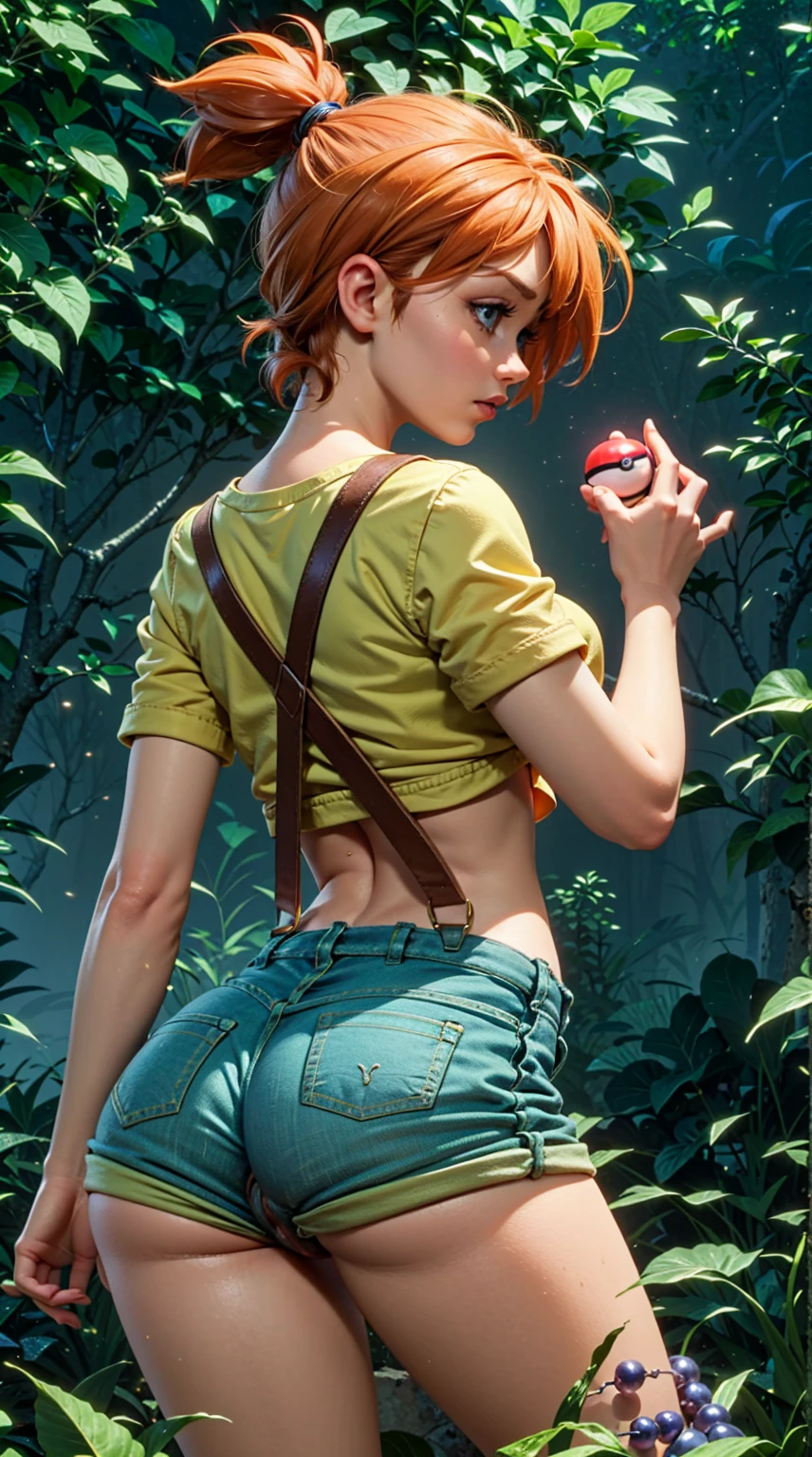 ((Misty)), (best qualityer), (great lighting), (Masterpiece artwork), (upper details), (whole body), (fully body), back shot of 1 beautiful girl, スクワッティング,  (short orange hair tied to the side), blue colored eyes, (body skinny), breasts small, big-ass, anal beads, beads in anal, small yellow shirt, (shirt too small), (red suspenders falling over the shoulder), very short denim shorts, (part of the butt visible), (pokeball) in anal,forest background, (fine strokes), cinematic, 