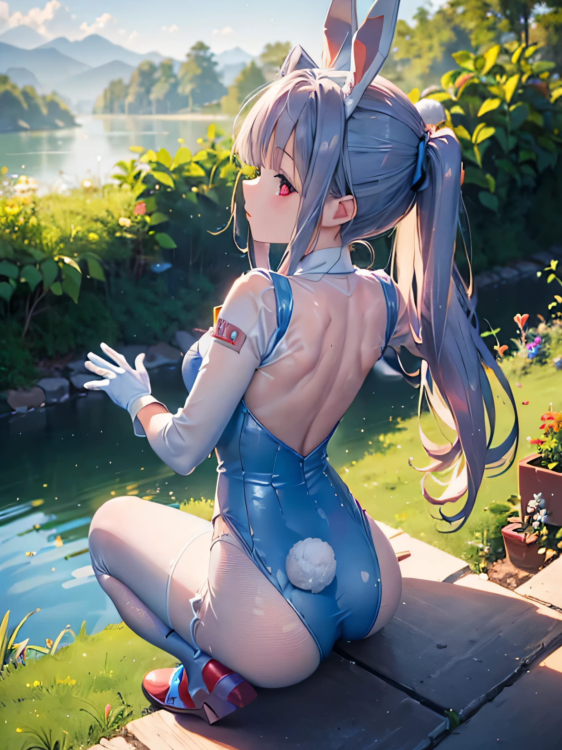 realistic,best quality, ultra detail, High quality CG rendering, The most delicate and beautiful, floating gently, high resolution, (1 girl), (best quality,4K,8k,masterpiece:1.2) ,bright purple hair,rabbit,rabbit 귀,ponytail,red eyes,(Ultra Girl:1.0),(Blue Ultraman Bodysuit:1.4),(blue gloves:1.3),(Blue shoes:1.3), (Turn your back on the audience:1.3),~am,(Rabbit on the back~am尾:1.5)