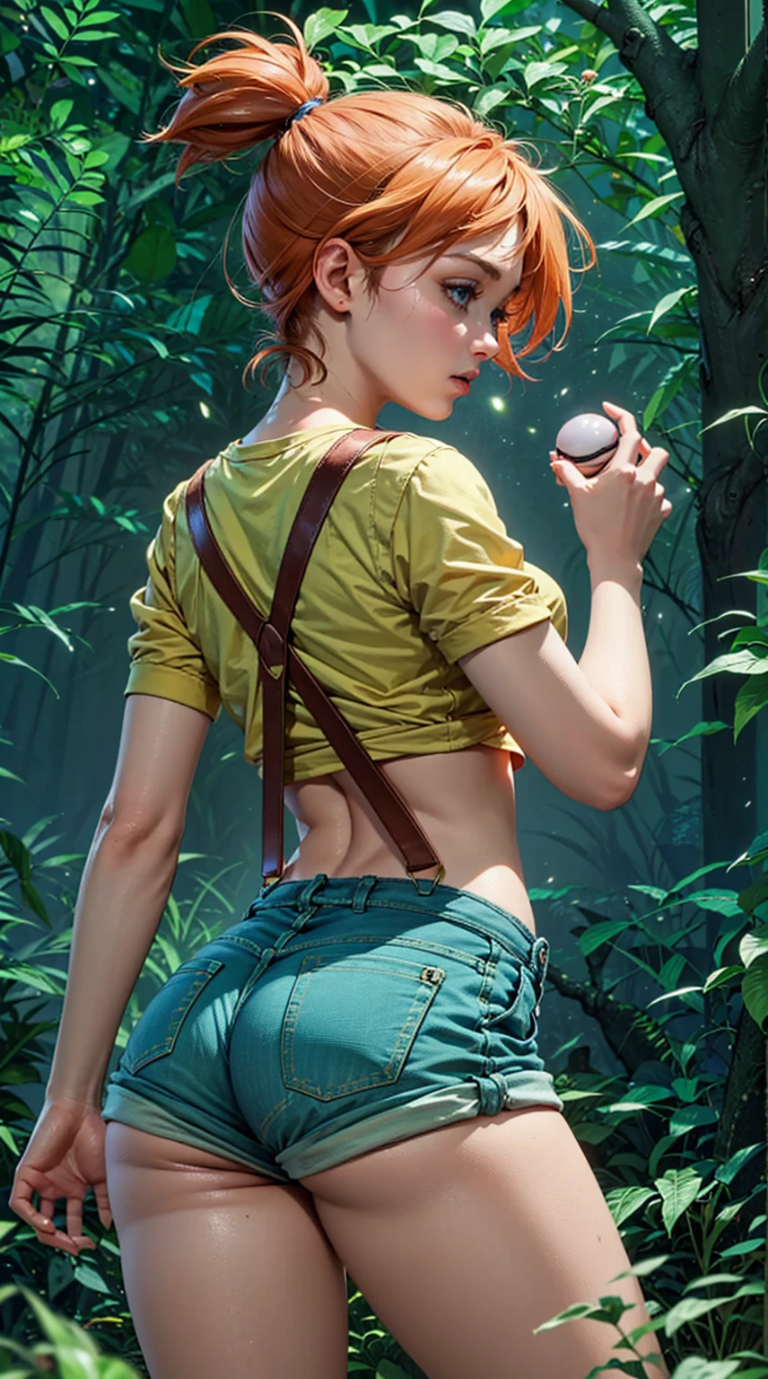 ((Misty)), (best qualityer), (great lighting), (Masterpiece artwork), (upper details), (whole body), (fully body), back shot of 1 beautiful girl, スクワッティング,  (short orange hair tied to the side), blue colored eyes, (body skinny), breasts small, big-ass, small yellow shirt, (shirt too small), (red suspenders falling over the shoulder), very short denim shorts, (part of the butt visible), (pokeball),forest background, (fine strokes), cinematic, 