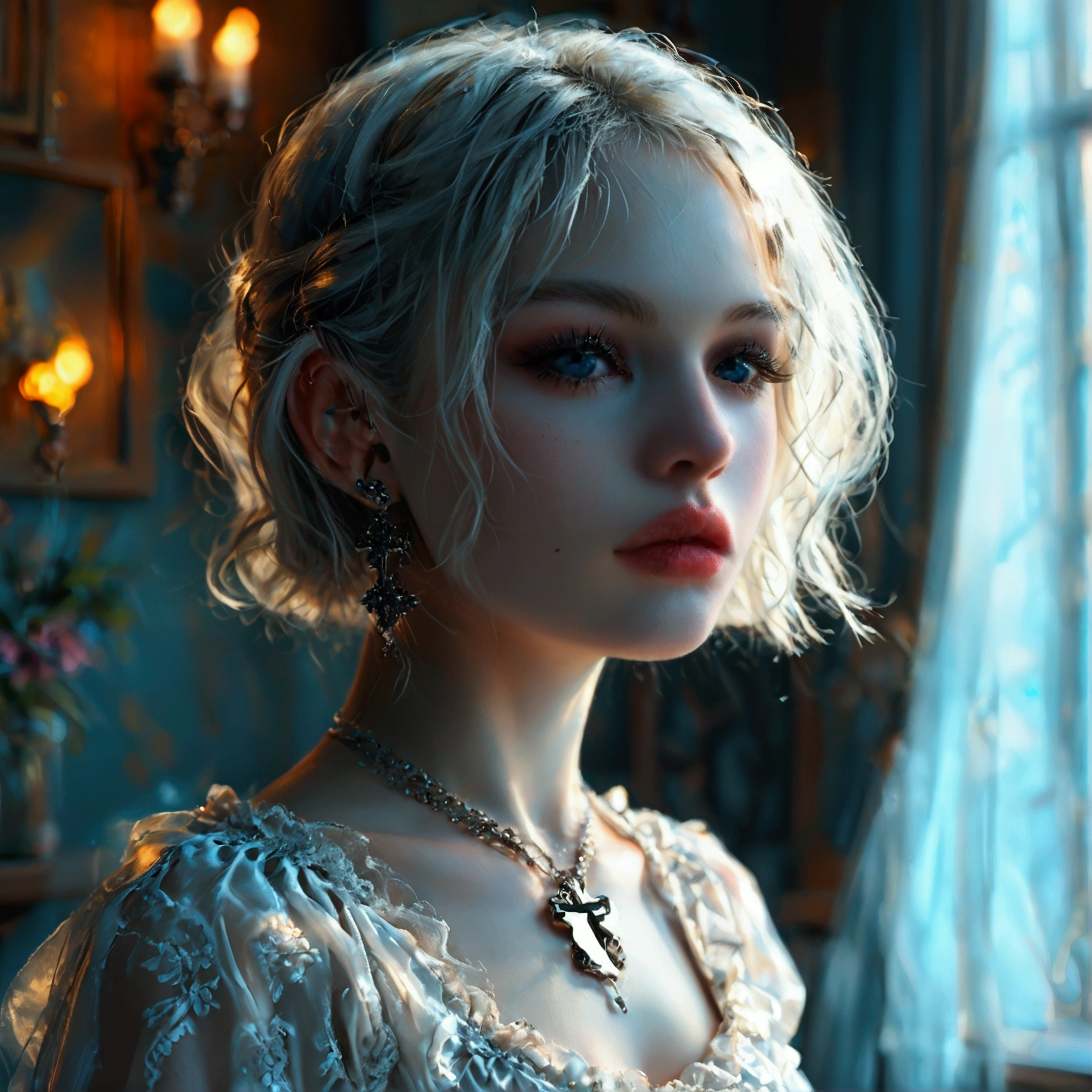 A mid-twenty-something gothic woman, with a ear-length platinum-blonde bob, piercing blue eyes, rosy skin, and full lips. Wearing a delicate shirt white dress with a silver cross necklace. Setting is a charming and pastel room at night.