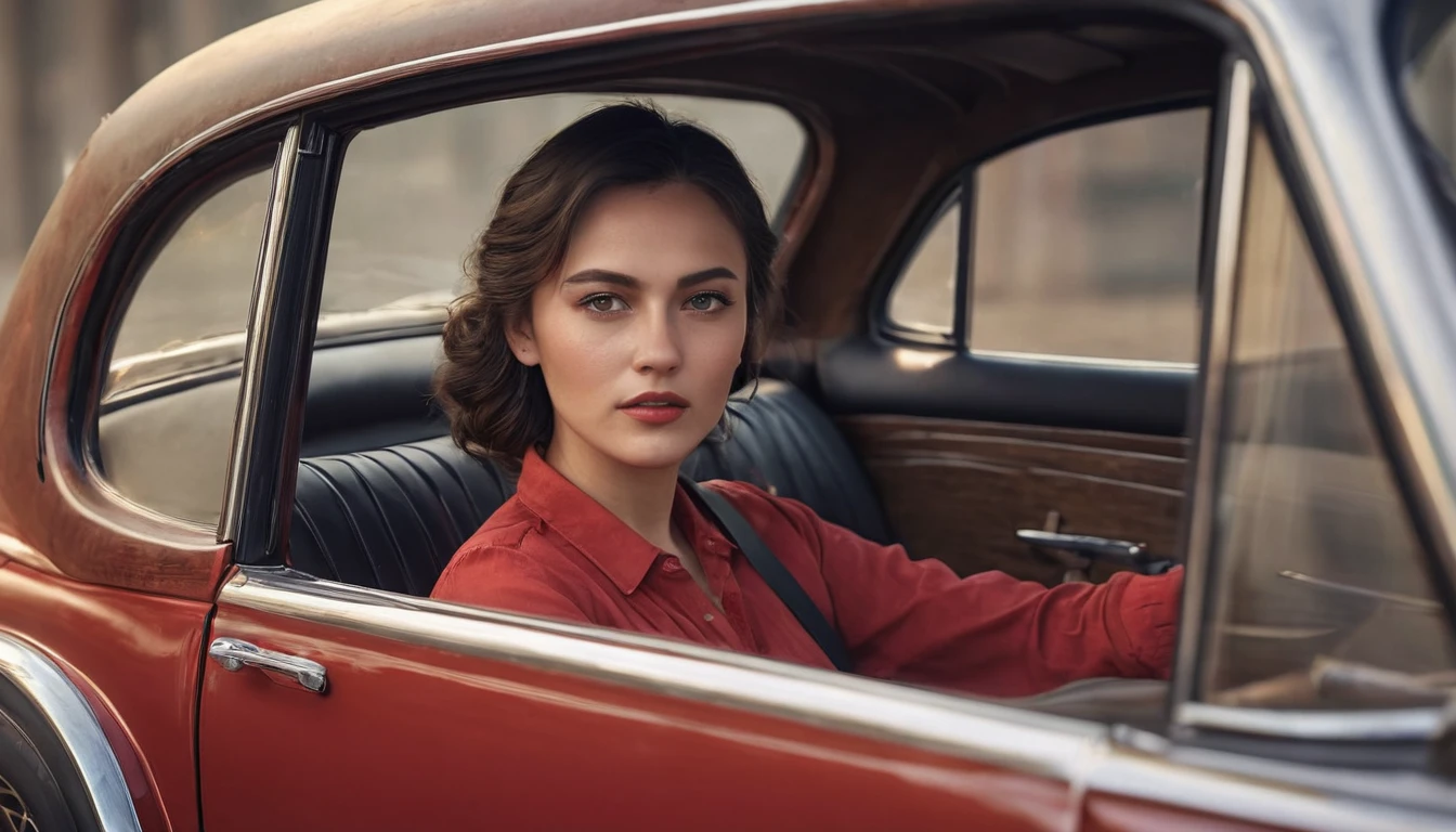 a woman driving an antique mercedes-benz car, evening lighting, woman wearing a red shirt, woman looking forward while driving, shot from the left side of the car, (best quality,4k,8k,highres,masterpiece:1.2),ultra-detailed,(realistic,photorealistic,photo-realistic:1.37),HDR,UHD,studio lighting,ultra-fine painting,sharp focus,physically-based rendering,extreme detail description,professional,vivid colors,bokeh,realism,cinematic,warm color tones,dramatic lighting